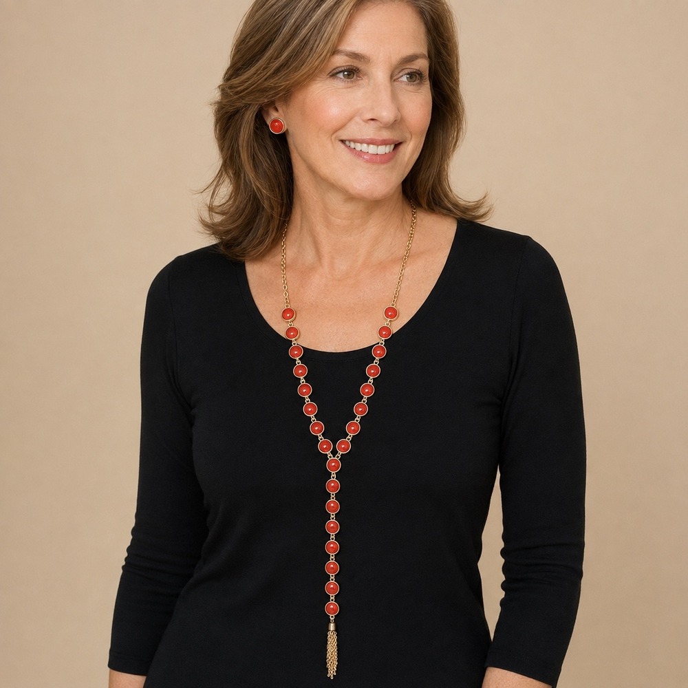 Retired Charming Charlie Necklace Earring Set Orange Gold Lariat Tassel Boho